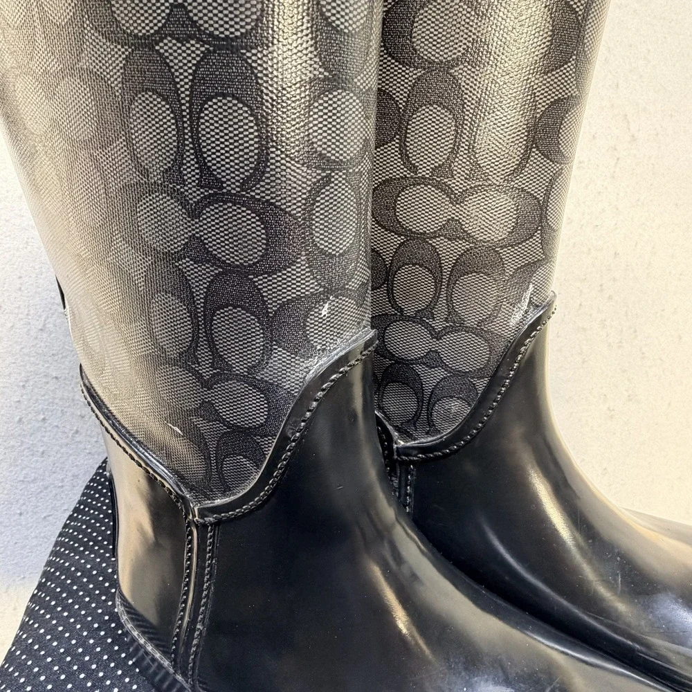 Coach Signature Tall Rain Boots Black Monogram Fur Lined Women's Size 7B